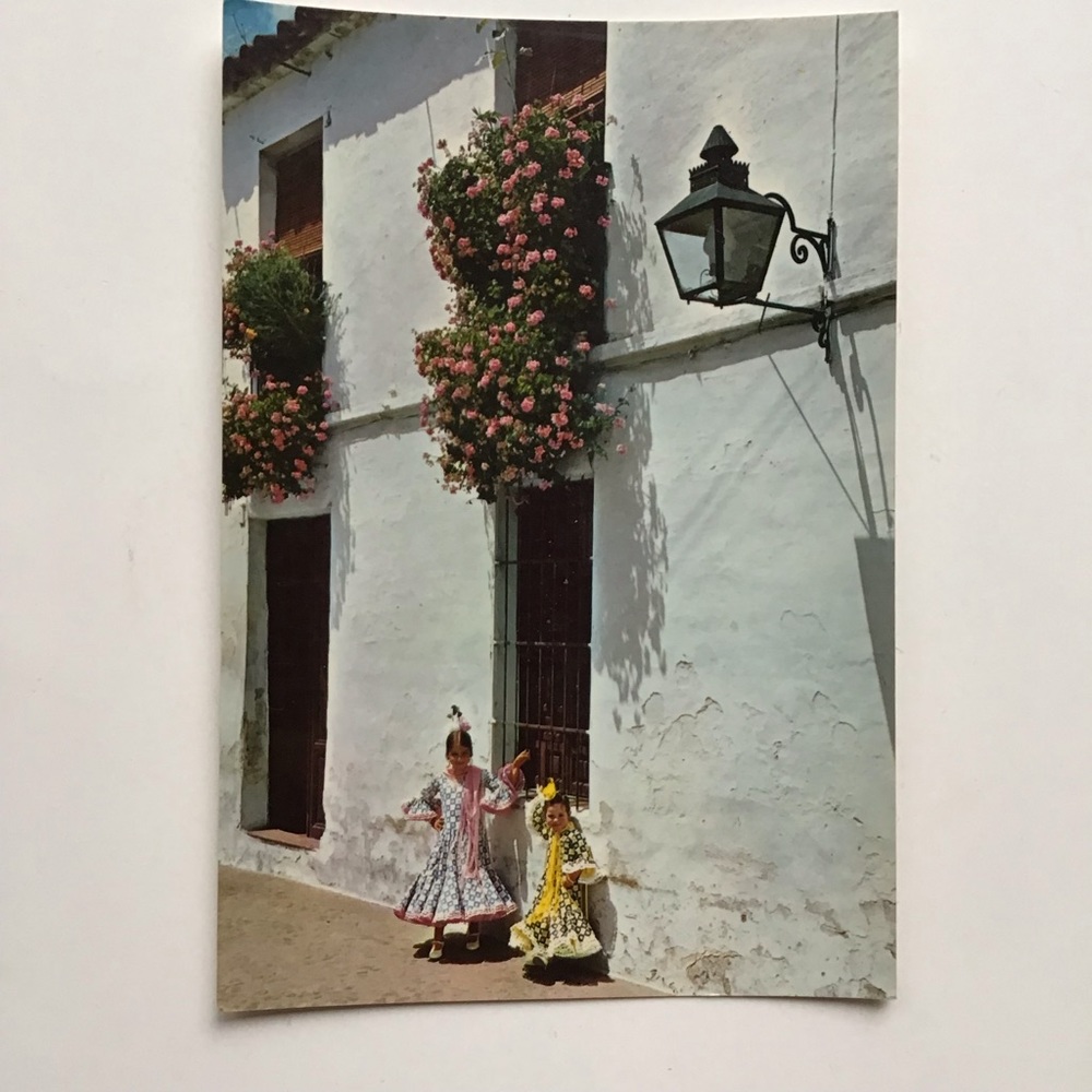 VTG Spain Postcard Typical Corner Flamenco Girls Children Flowers Windows
